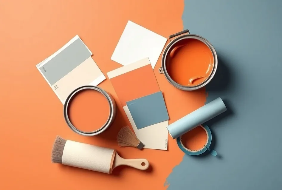 Pots de peinture, nuancier, brosses et rouleaux disposés à plat