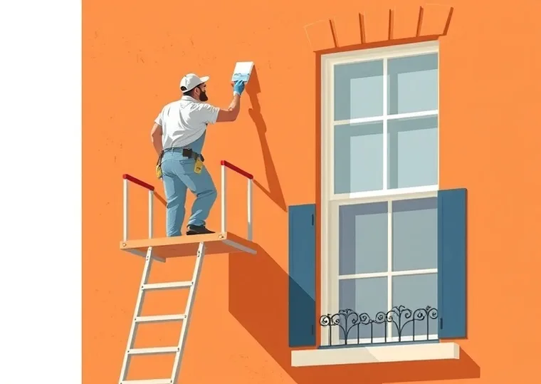 Peintre sur échafaudage traitant la façade d'une maison